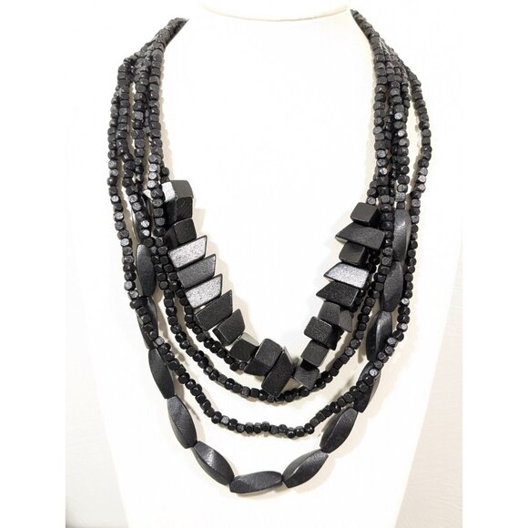 Plunder Jewelry Black Bead Chunky Layered Statement Bib Necklace Boho 28" - Picture 1 of 8
